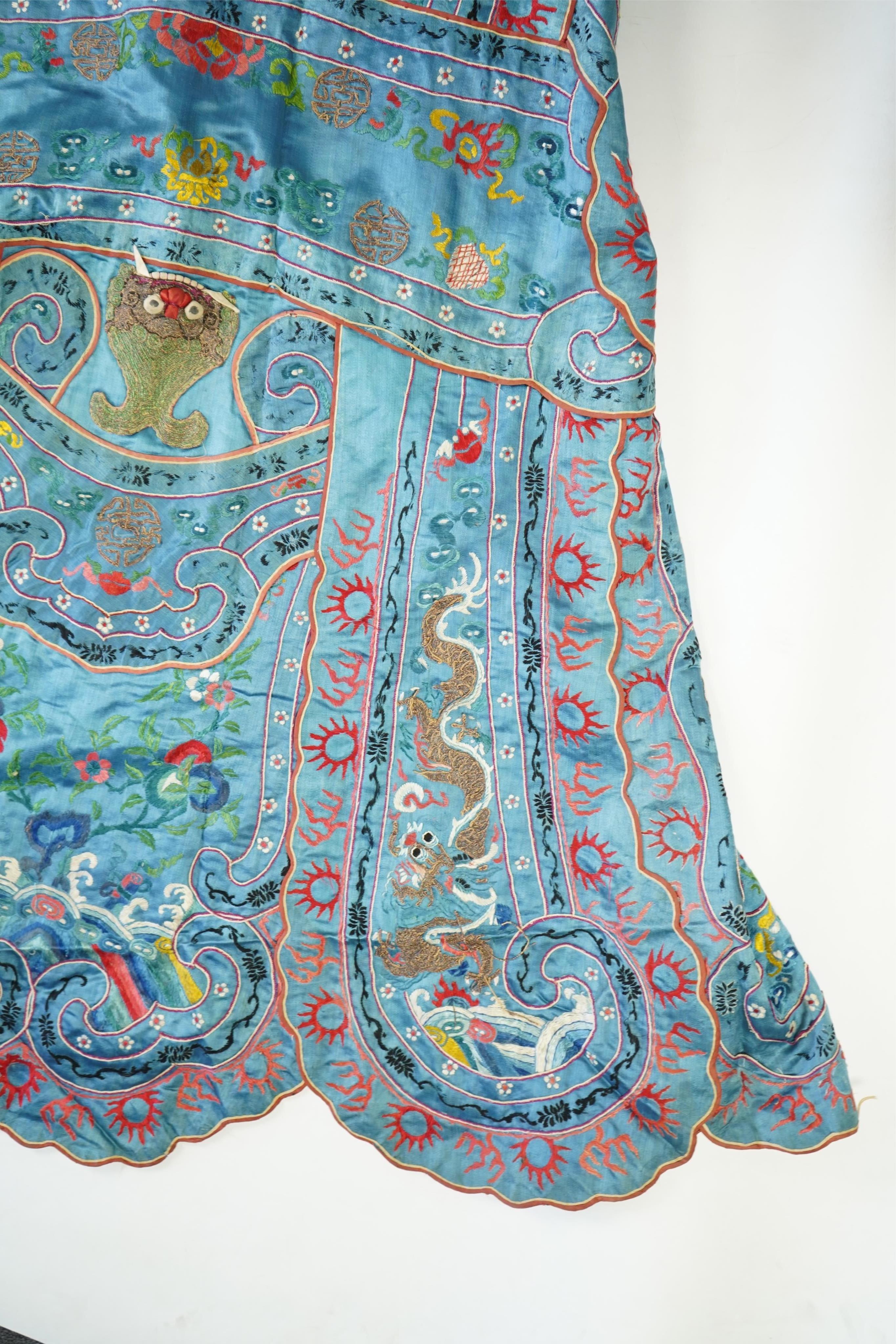 An unusual late 19th early 20th century Chinese silk embroidered robe, made for the tiger role, Jing, who symbolises power, bravery, protection and royalty. A character often used in Chinese opera, theatre and performing
